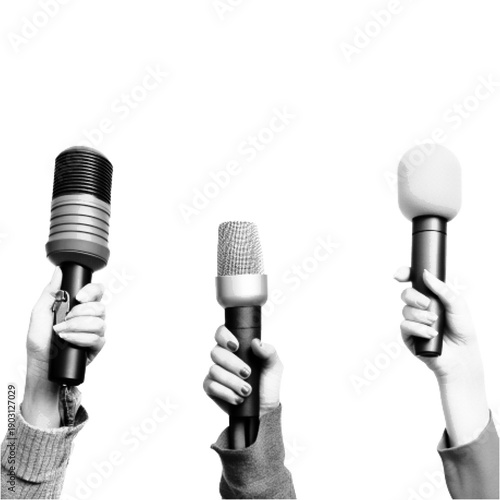 Black and white halftone illustration of three hands holding microphones. Concept of journalism, interviews, media, and public speaking, isolated on white with retro dot texture.