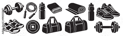 Fitness gym equipment set features dumbbells, sneakers, and yoga mats in a black vector illustration.