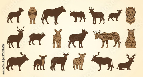 Collection of Diverse Animal Silhouettes in Brown Tones.
