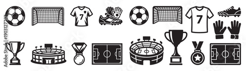Soccer football sport set includes stadiums, trophies, and jerseys in a black vector icon style.