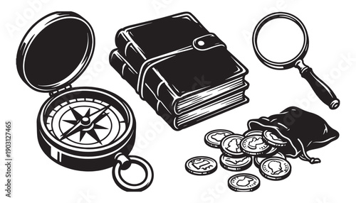 Adventure exploration set features compass, old books, magnifying glass, and coin pouch in a black vector style.