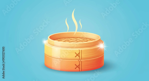 Steaming hot traditional bamboo food steamer illustration for Asian cuisine and healthy cooking