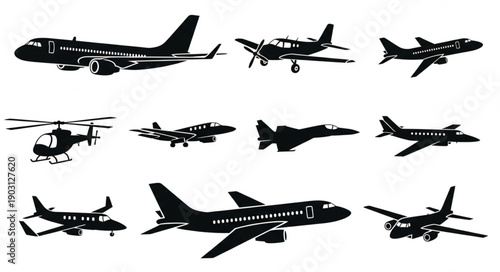 Collection of diverse aircraft silhouettes including airplanes and helicopter.