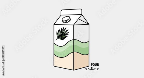 Minimalist cartoon illustration of a plant-based beverage carton with coconut palm leaf design and