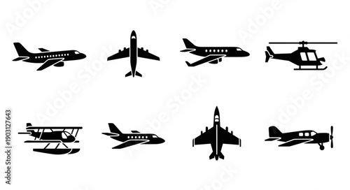 Collection of diverse aircraft silhouettes including airplanes and helicopter.