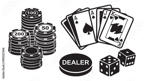 Casino poker collection features chip stacks, royal flush cards, and dice in a black vector illustration.