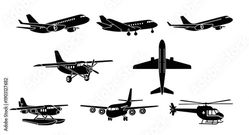 Collection of diverse aircraft silhouettes including airplanes and helicopters.