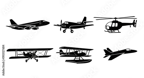 Collection of diverse aircraft silhouettes including airplanes and helicopter.