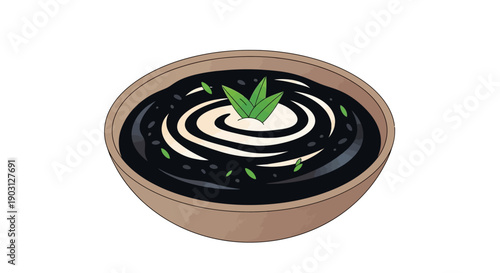 Stylized black dessert soup with creamy white swirl and fresh green garnish in a brown bowl