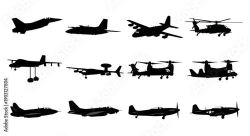 Collection of diverse aircraft silhouettes isolated on white background.