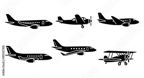 Collection of diverse airplane silhouettes for aviation themes.