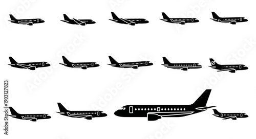 Collection of diverse airplane silhouettes for aviation themes.