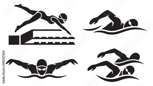 Professional swimming silhouette set features swimmers diving and racing in a black vector illustration.