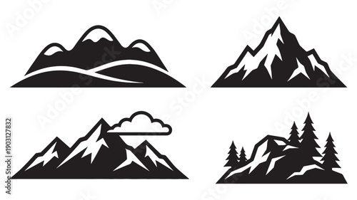 Mountain landscape logo set features simple peaks, clouds, and pine trees in a black vector silhouette.