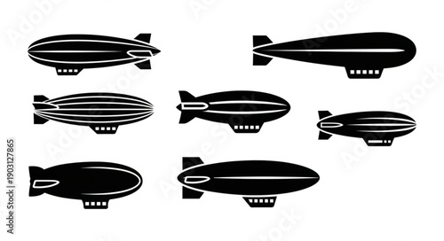 Collection of diverse airship silhouettes in black and white.