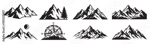 Vintage mountain landscape collection features engraved peaks, compasses, and forests in a black vector style.