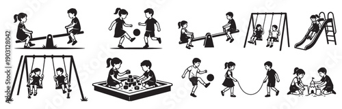 Children playground activity collection features kids on swings, slides, and see-saws in a black vector illustration.