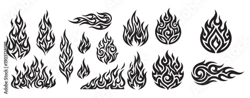 Tribal fire flame tattoo set features abstract burning shapes and swirls in a black vector silhouette.