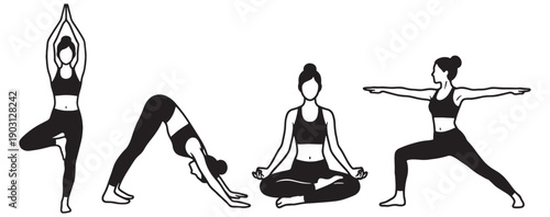 Yoga pose collection features women in tree, warrior, and lotus positions with brush frames in a black vector style.