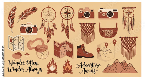 Vintage travel and adventure icons set with dreamcatcher camera compass feathers and hiking boot on beige background