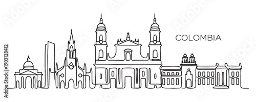 Colombia city skyline continuous line drawing features cathedrals and colonial buildings in a minimalist vector style.