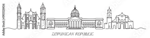 Dominican Republic Santo Domingo skyline continuous line drawing features historic cathedrals in a minimalist vector style.