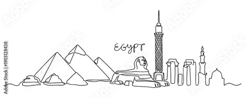 Egypt Cairo skyline continuous line drawing features Pyramids, Sphinx, and mosques in a minimalist vector style.