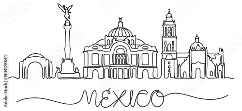 Mexico City urban skyline continuous line drawing features the Cathedral and Angel of Independence monument.