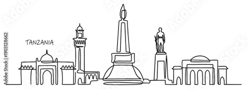 Tanzania city skyline continuous line drawing features the Uhuru Torch monument and clock tower in a vector style.
