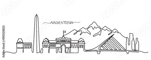 Argentina Buenos Aires skyline continuous line drawing features the Obelisk and Puente de la Mujer.