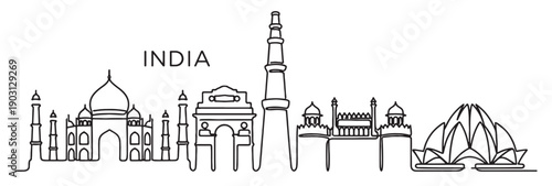 India Delhi skyline continuous line drawing features Taj Mahal, India Gate, and Lotus Temple.
