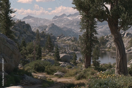 Mountain lake vista, rocky terrain, pine trees, wildflowers
