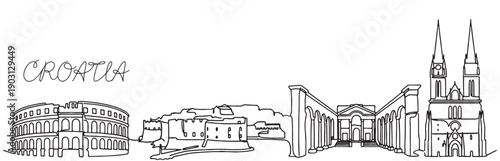 Croatia skyline continuous line drawing features Pula Arena, Diocletian's Palace, and Zagreb Cathedral.