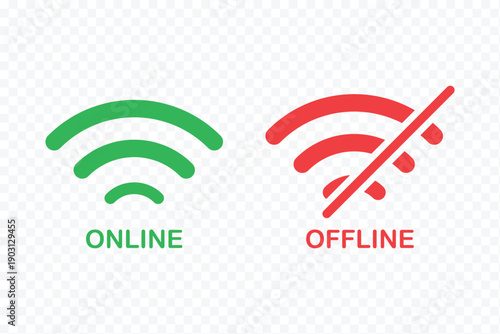 Set of Wi-Fi and no WiFi icons in, Wi-Fi signal: one connected and one crossed out for no internet connection and offline mode. wireless internet, network settings, devices, and technology. online off