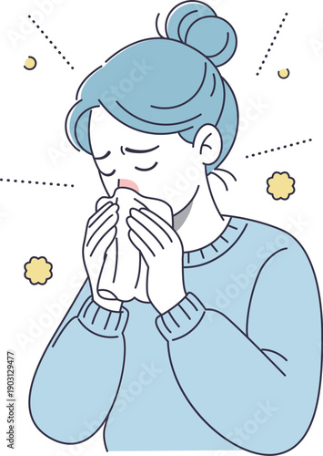 Vector illustration of a woman blowing her nose due to hay fever or allergy