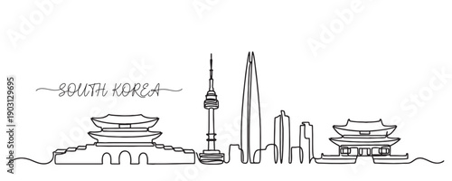 South Korea Seoul skyline continuous line drawing features Lotte World Tower, N Seoul Tower, and Gyeongbokgung Palace.