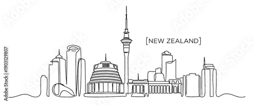 New Zealand skyline continuous line drawing features Auckland Sky Tower, the Beehive, and city skyscrapers.