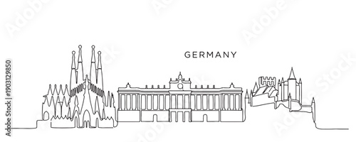 Spain skyline continuous line drawing features Sagrada Familia, Royal Palace of Madrid, and Segovia Alcazar.