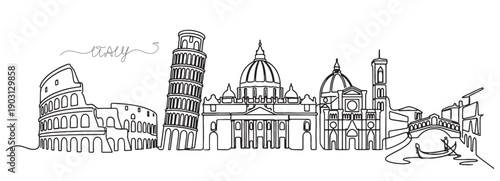 Italian panoramic skyline featuring the Colosseum, Leaning Tower of Pisa, and Venice gondola in continuous line art style.