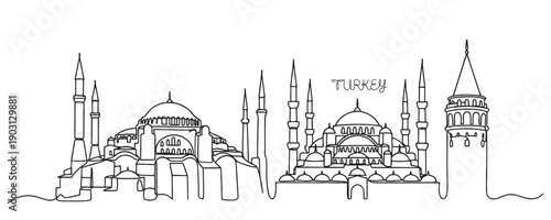 Turkish historical landmarks showing Hagia Sophia, Blue Mosque, and Galata Tower in single line drawing style.