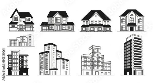 Collection of diverse architectural building illustrations in black and white.
