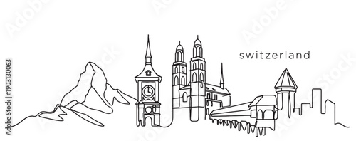 Switzerland scenic skyline featuring Matterhorn mountain, Chapel Bridge, and Grossmünster in continuous line art style.