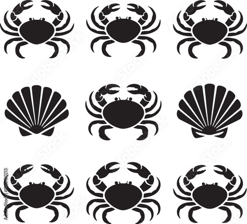 Black silhouettes of crabs and seashells on white background