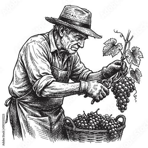 Vineyard worker harvesting grapes with shears and basket in retro engraving sketch style.