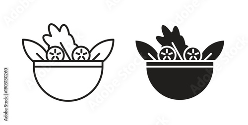 Salad icons vector symbol with editable stroke and flat versions