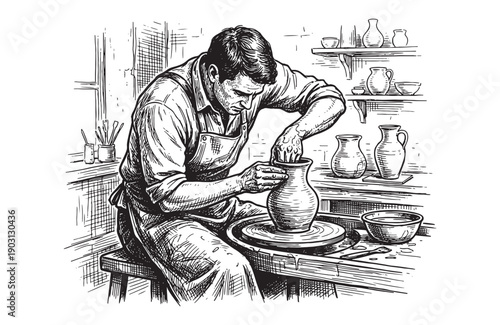Artisan potter shaping clay vase on pottery wheel in workshop in vintage woodcut sketch style