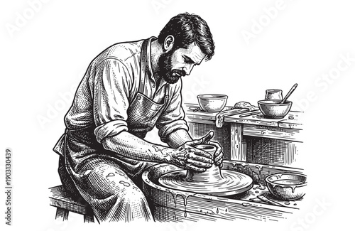Artisan potter shaping clay vase on pottery wheel in workshop in vintage woodcut sketch style