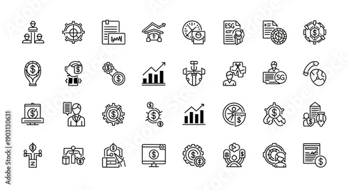 Business & Finance Icons Set: Growth, Investment, Strategy, ESG, Data Analysis