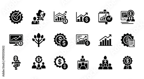 Business Analytics Icons: Growth, Finance, Strategy, and Presentation
