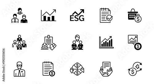 Business and Finance Icons: Growth, ESG, Teamwork, Investment, Analysis